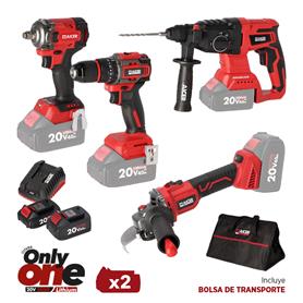 PACK RADIAL+TALADRO+LLAVE IMPACTO+MARTILLO 20V ONLY ONE AICER (2X 2+4AH)